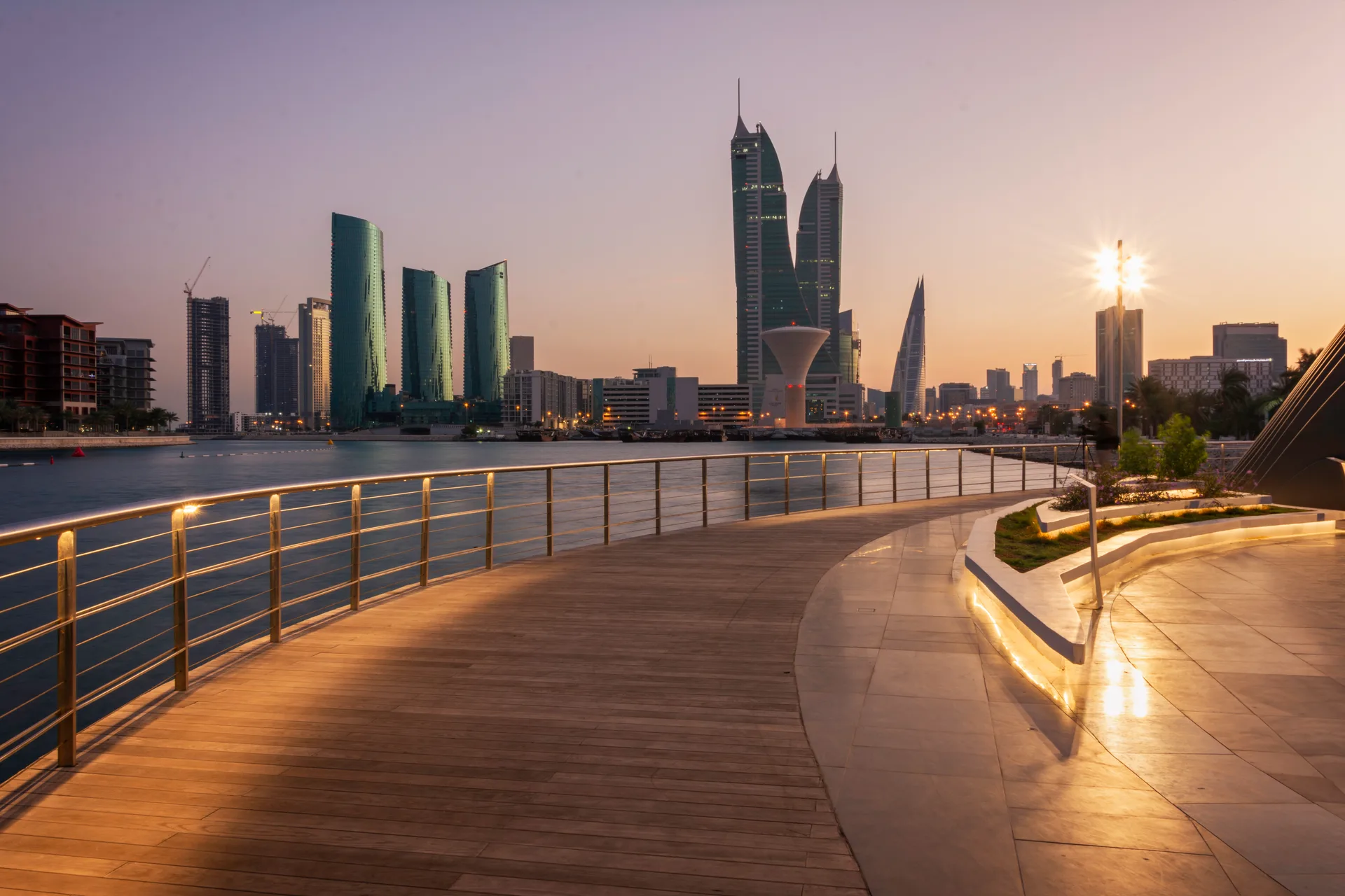 The Manama waterfront promenade at dusk
